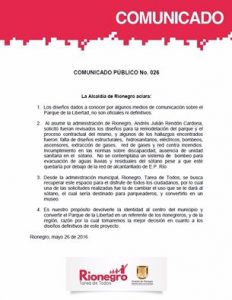 Comunicado alcaldía Rionegro